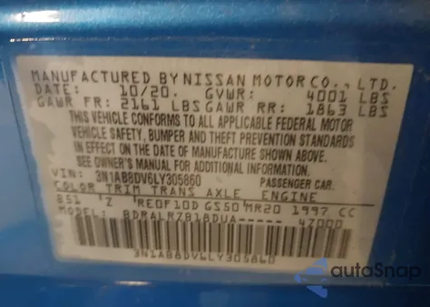 2020 Nissan Sentra Sr Xtronic Cvt z USA, uszkodzony, nr VIN 3N1AB8DV6LY305860